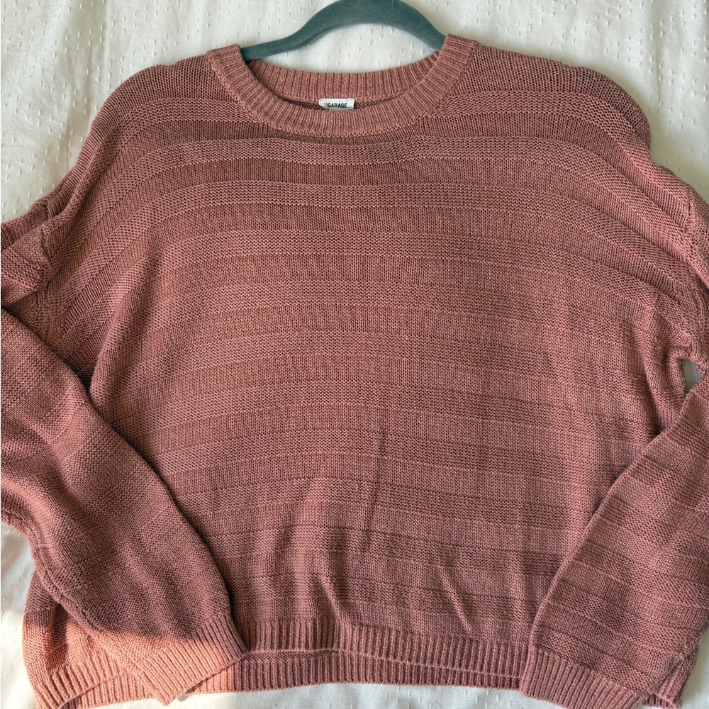 Garage Pink Crew Neck Sweater with Ribbed Detailing